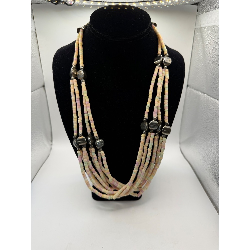 Vintage Multi‎ Strand Pastel Heishi Bead Statement Necklace Silver Tone Accents